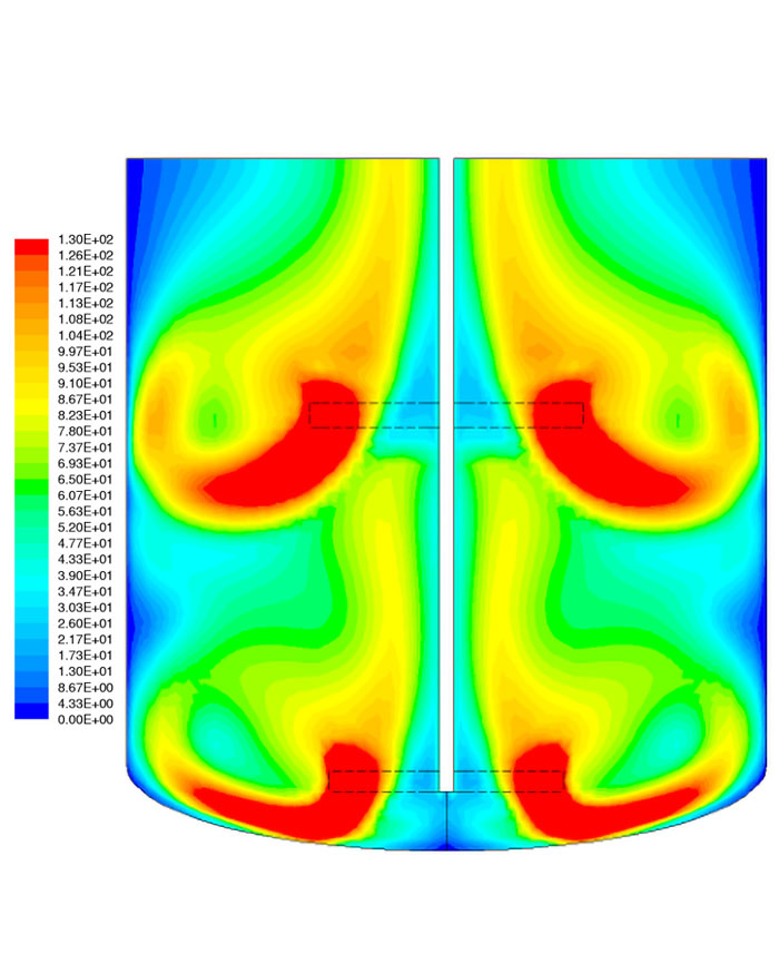 Computational fluid dynamics simulation with bright colors for visualizing agitator efficiency