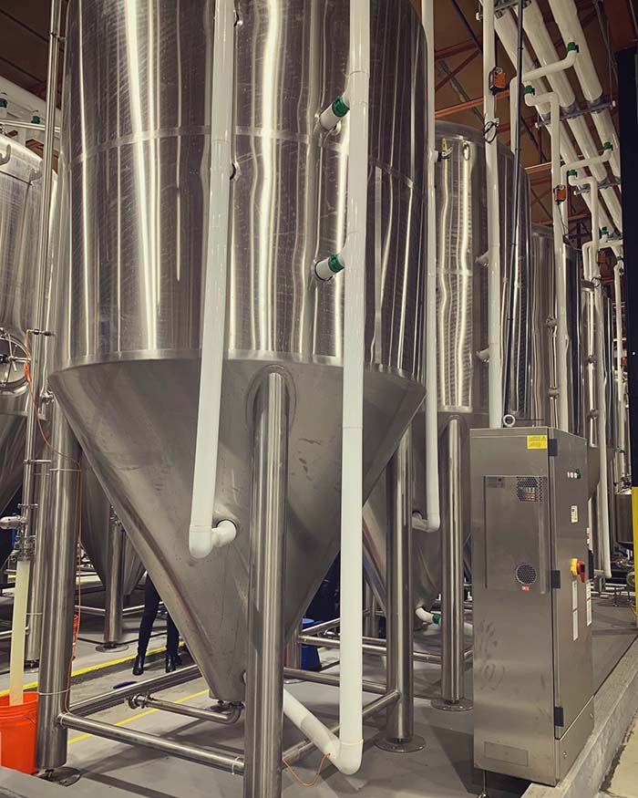 A row of dual jacketed 20HL fermenters for a beer and whiskey brewery and distillery