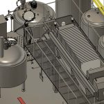 A 3D CAD drawing of a fully automated mash filter brew house for brewing beer and making whiskey wash designed and engineered by The Engine Room