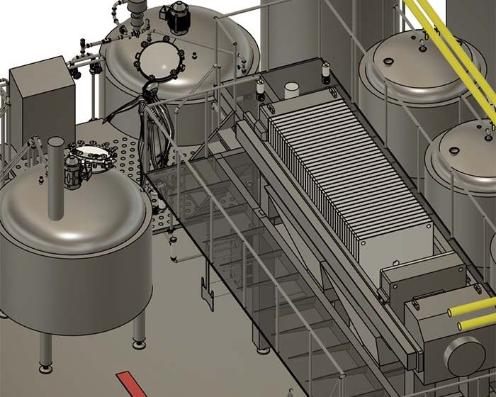 A 3D CAD drawing of a fully automated mash filter brew house for brewing beer and making whiskey wash designed and engineered by The Engine Room