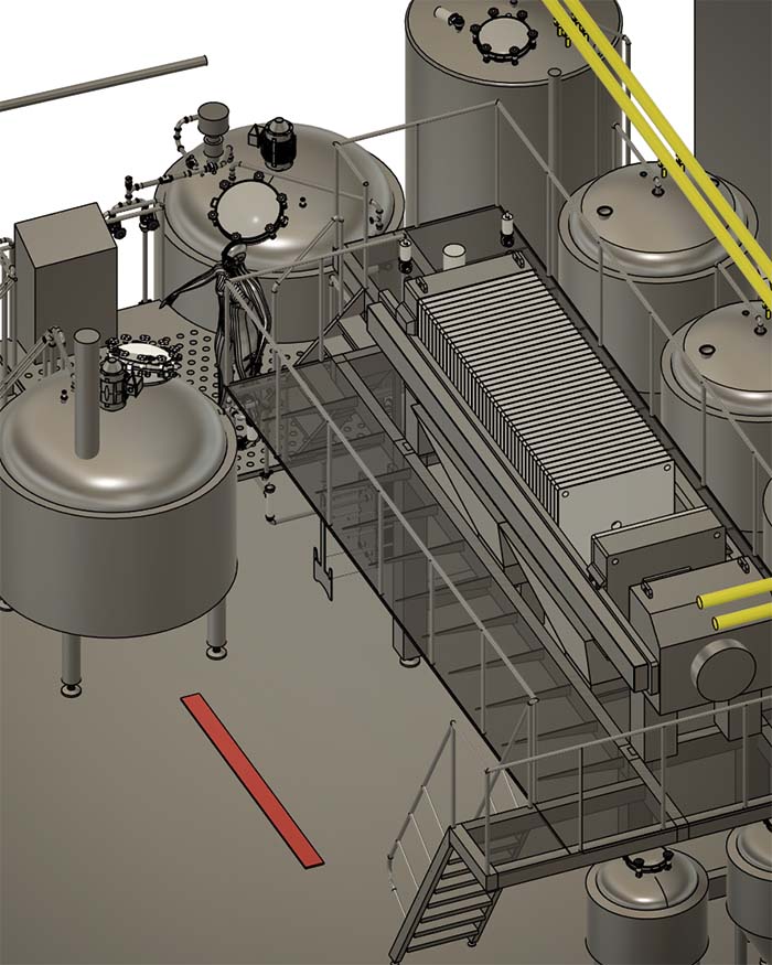 A 3D CAD drawing of a fully automated mash filter brew house for brewing beer and making whiskey wash designed and engineered by The Engine Room