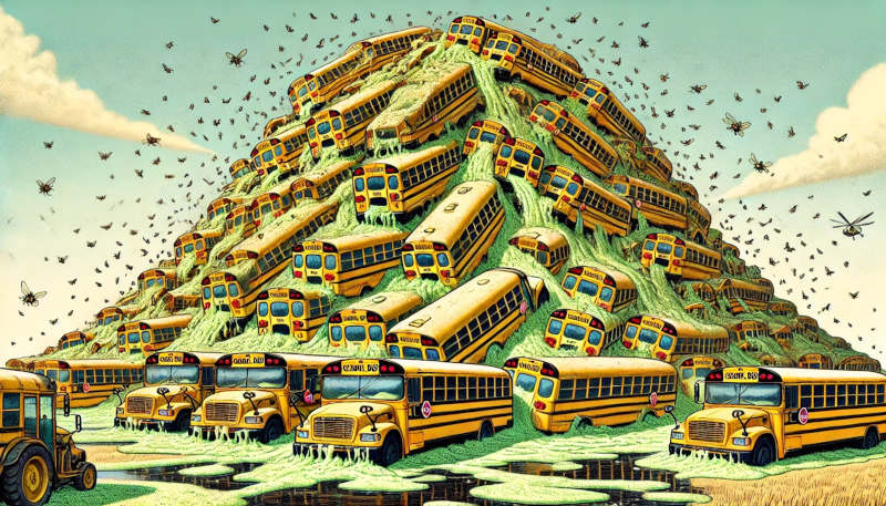 A mountain of stillage illustrated as a huge pile of school busses filled with stillage