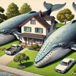 an illustration of two humpback whales on the lawn in front of a normal looking house to describe the amount of waste put out by a distillery - generated by The Engine Room