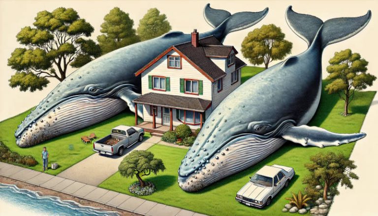 an illustration of two humpback whales on the lawn in front of a normal looking house to describe the amount of waste put out by a distillery - generated by The Engine Room